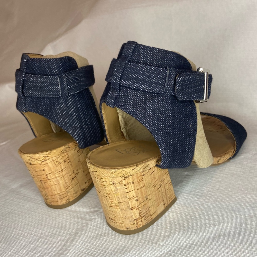 Franco Sarto Melody Denim Blue Ankle Strap Cork Heel Sandals 7.5 Medium
